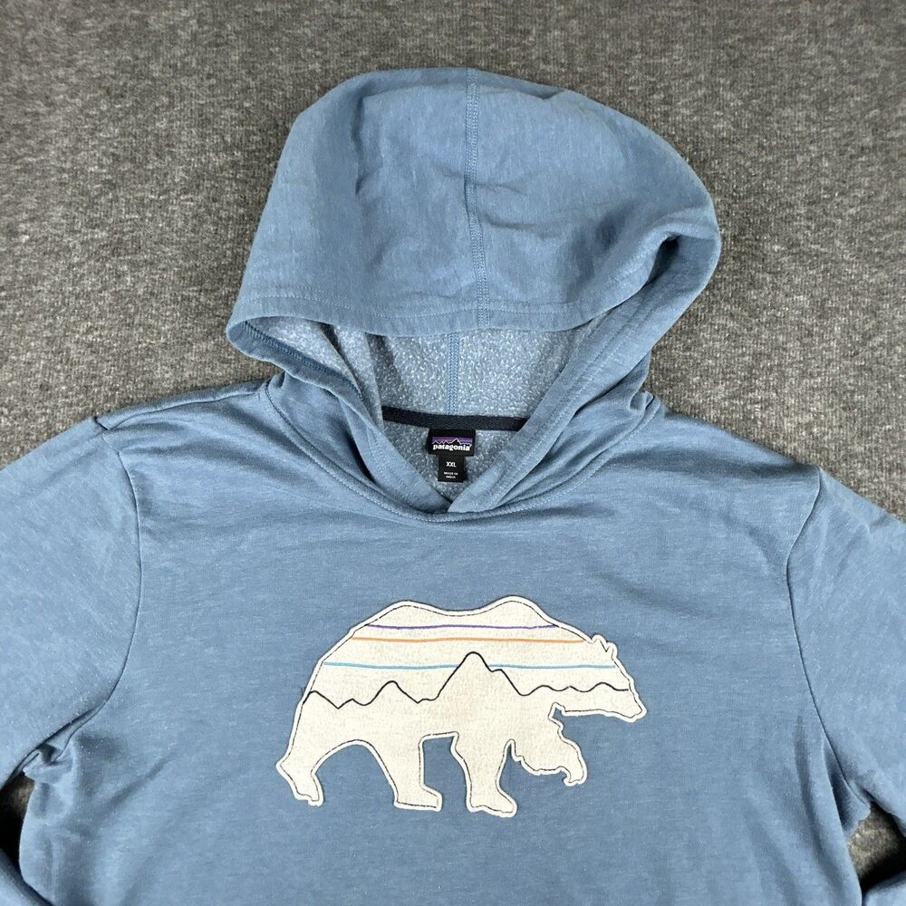 Patagonia Uprisal Youth Boys Hoodie XXL Blue Fitz Roy Bear Pullover Sweatshirt